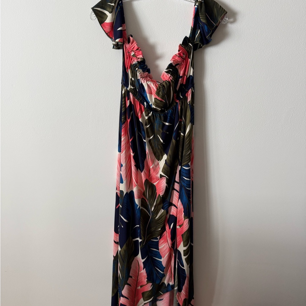 VENUS off the shoulder Tropical Leaf Maxi Dress in Pink and Navy